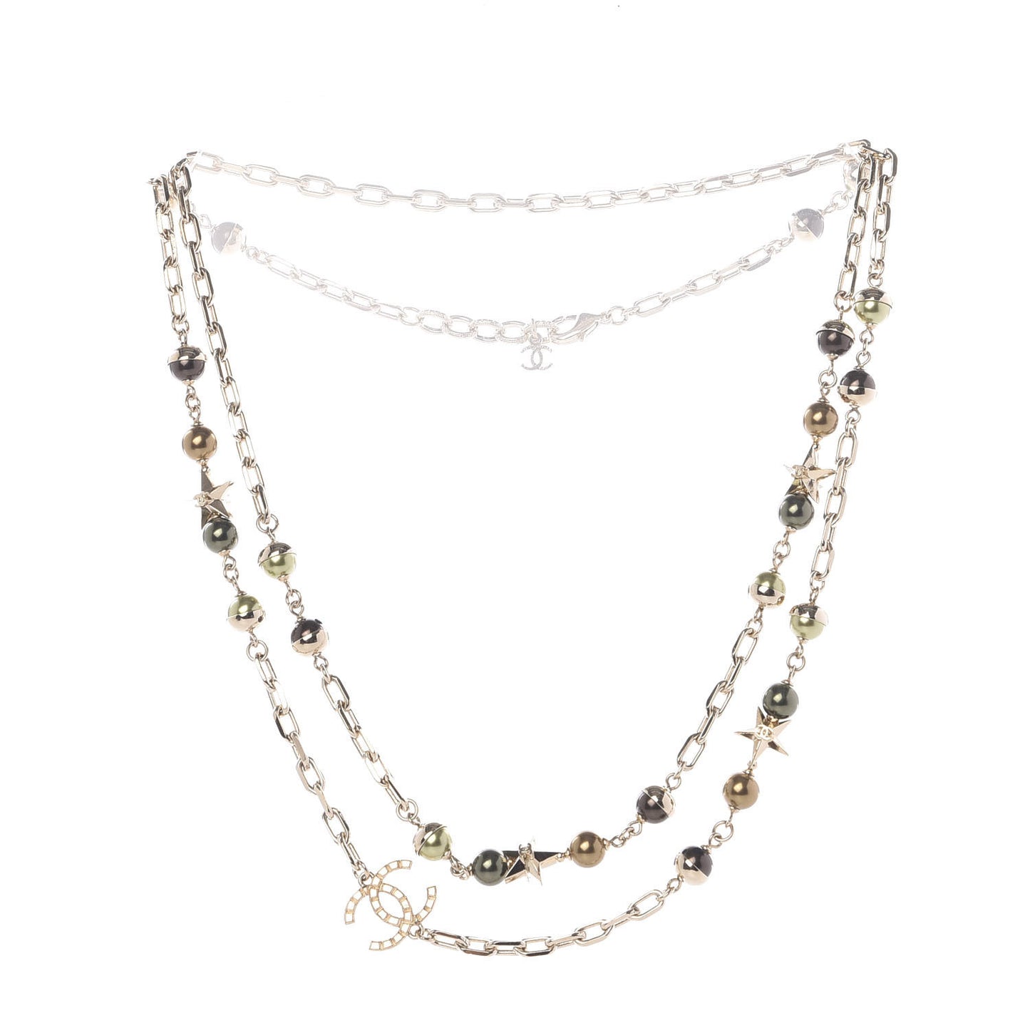 Beaded Star CC Long Necklace Green Gold