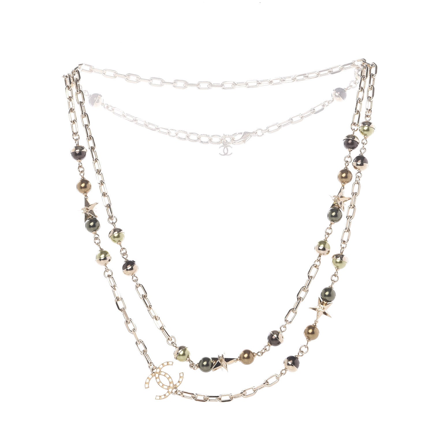 Chanel Beaded Star CC Long Necklace Green Gold 3 of 5