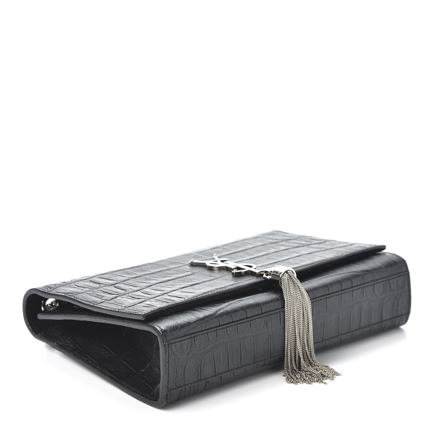 Saint Laurent Calfskin Crocodile Embossed Medium Classic Monogram Kate Tassel Satchel Black 3 of 9