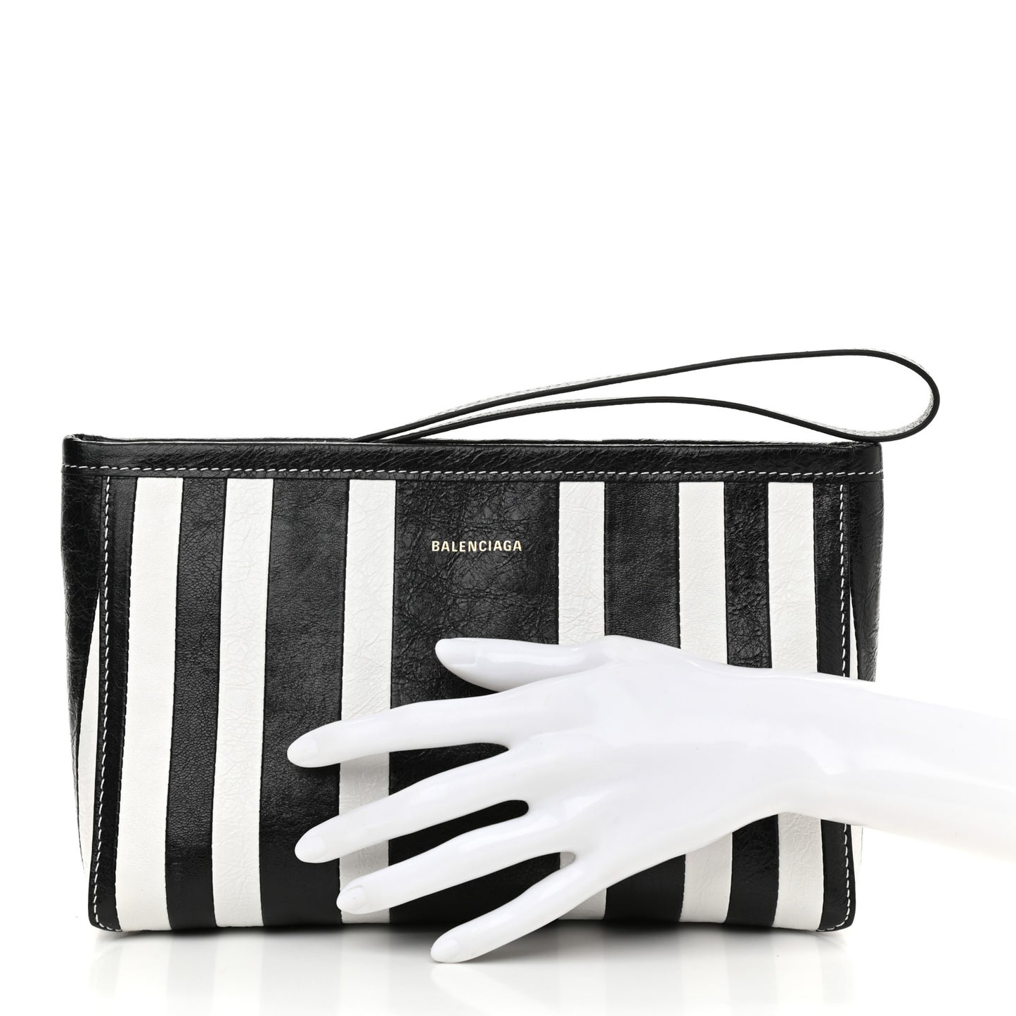 Agneau Arena Striped Patchwork Small Barbes Z Pouch with Handle Black White