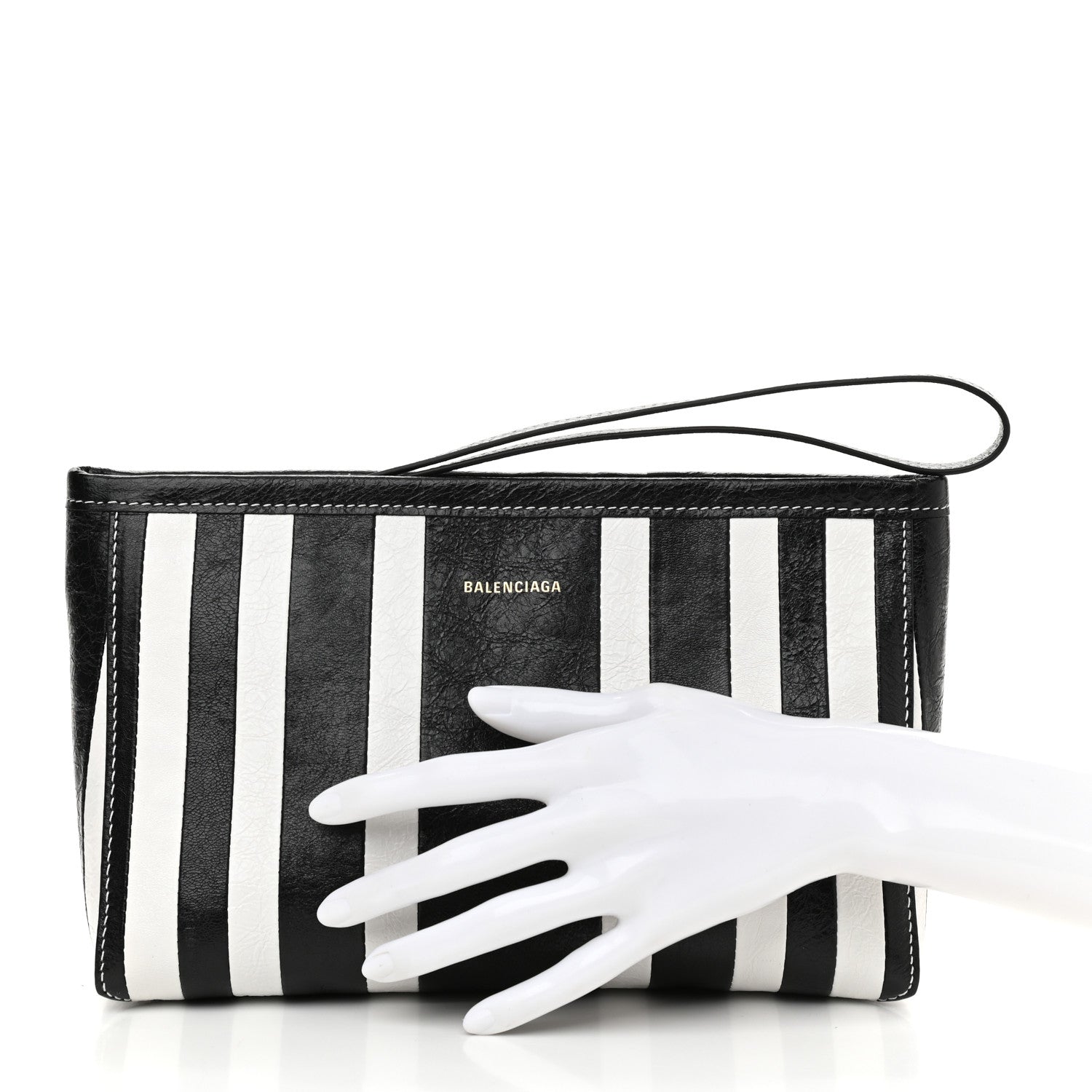 Balenciaga Agneau Arena Striped Patchwork Small Barbes Z Pouch with Handle Black White 3 of 11
