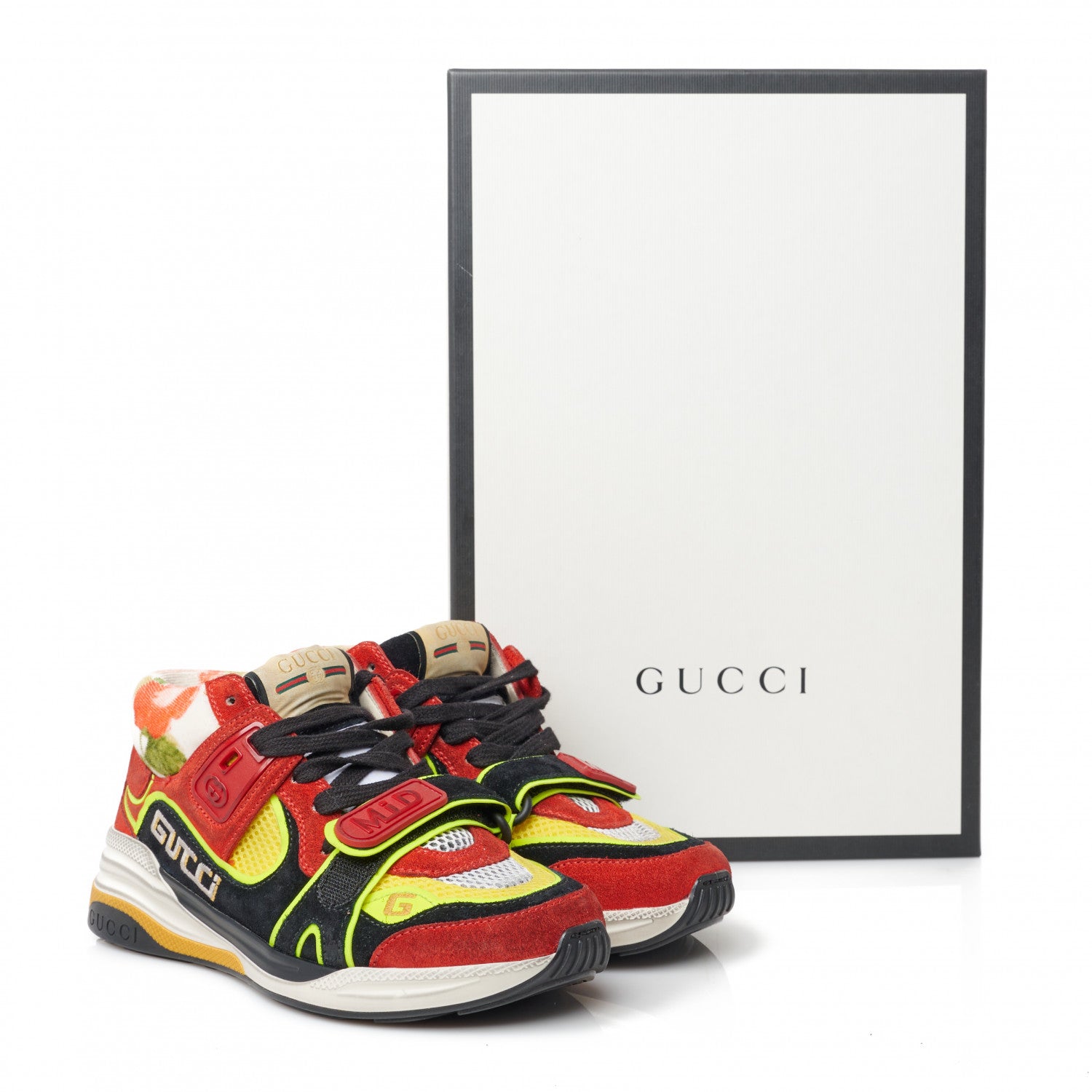 Gucci Suede Calfskin Womens Ultrapace Mid Top Sneakers 34 Hibiscus Red Black Neon Yellow Yolk 8 of 8