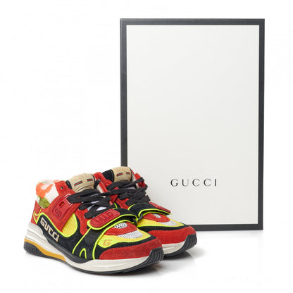 Gucci Suede Calfskin Womens Ultrapace Mid Top Sneakers 34 Hibiscus Red Black Neon Yellow Yolk 8 of 8