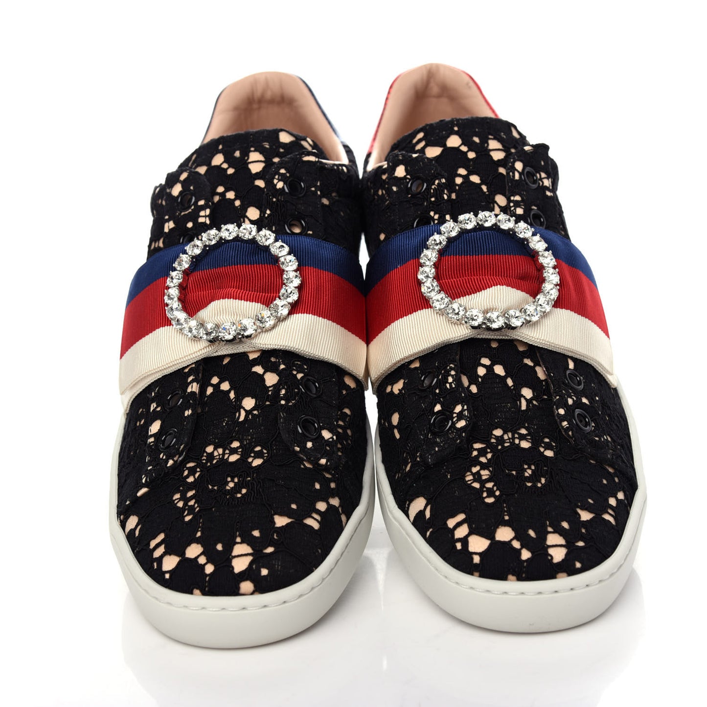 Lace Crystal Sylvie Web Flower Leaf Womens Ace Sneakers 38.5 Black Tan Beige