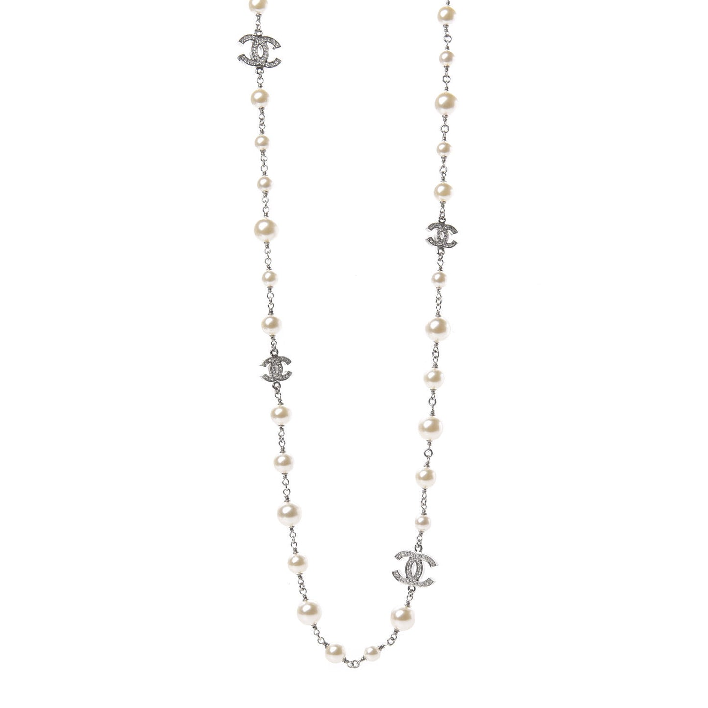 Graduated Pearl Crystal CC Long Necklace Silver