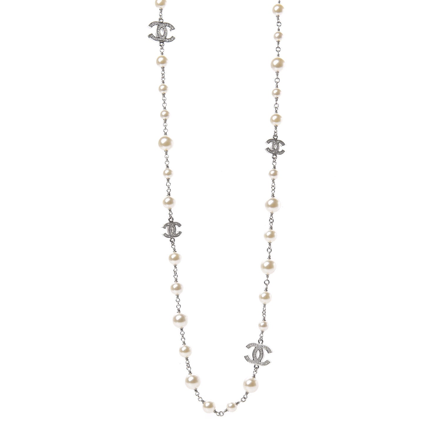 Chanel Graduated Pearl Crystal CC Long Necklace Silver 1 of 5