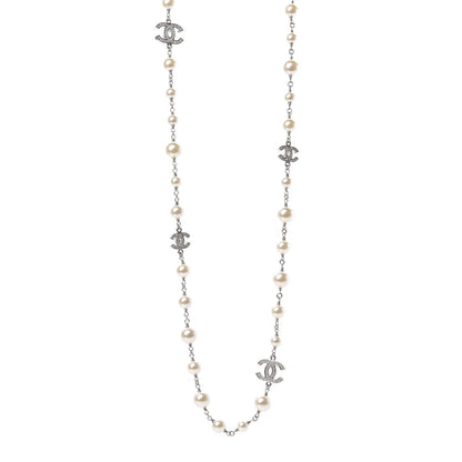 Chanel Graduated Pearl Crystal CC Long Necklace Silver 1 of 5
