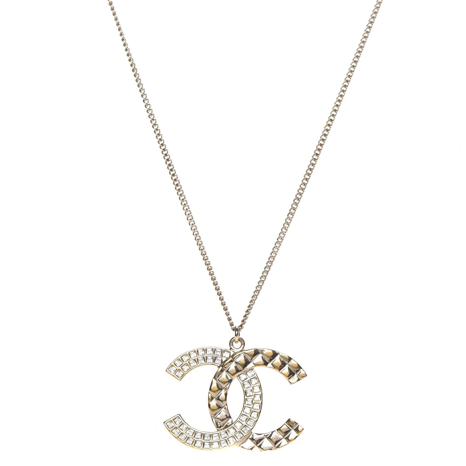 Chanel Baguette Crystal Quilted CC Pendant Necklace Gold 1 of 5