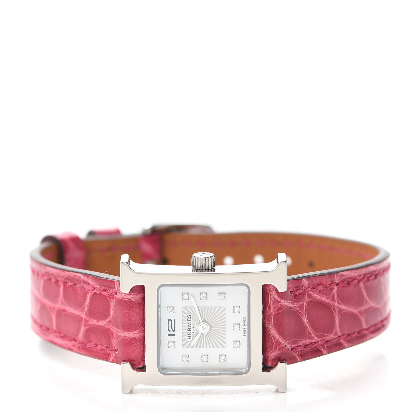 Stainless Steel Alligator Diamond Mother of Pearl 17.2mm Heure H Hour Quartz Watch Framboise