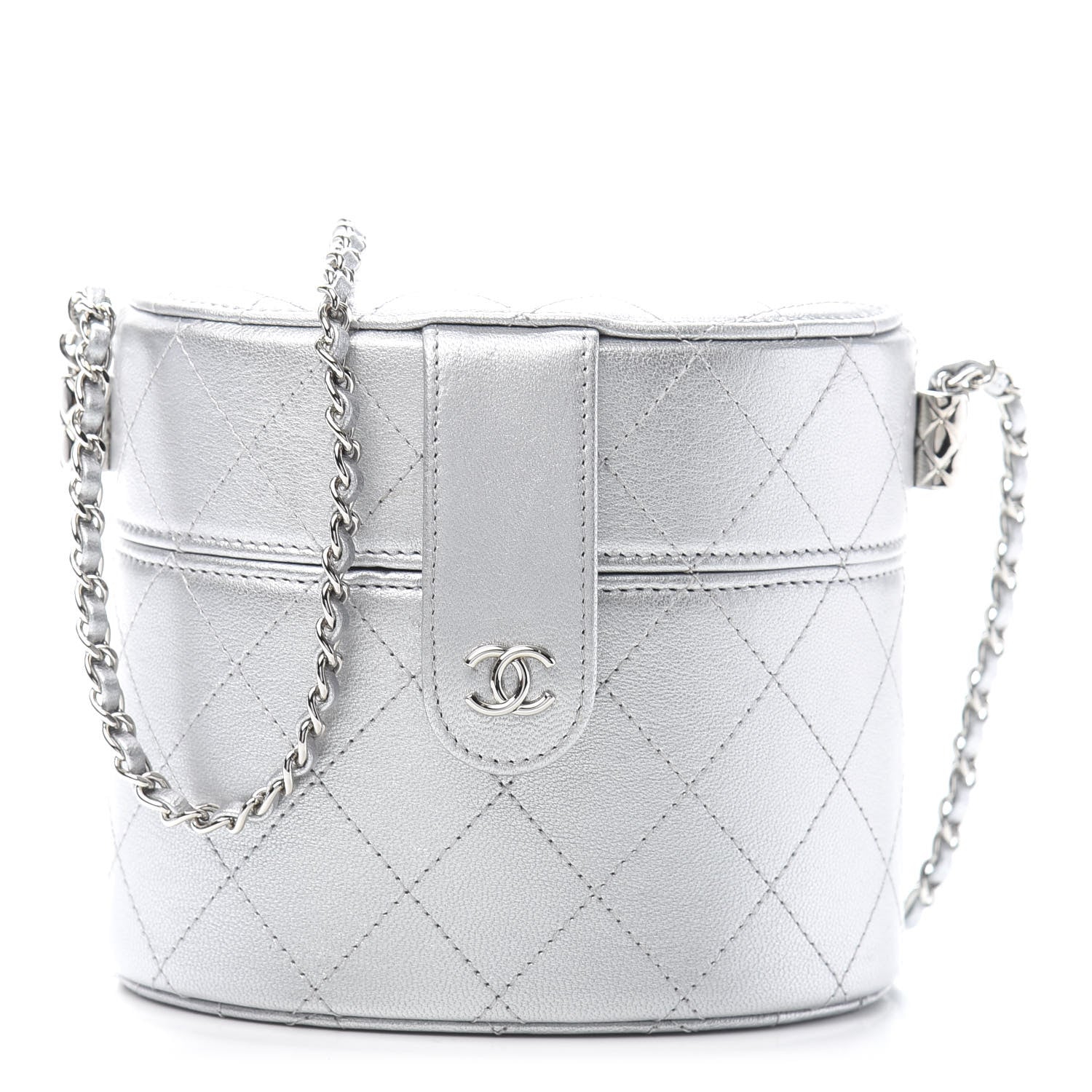 Chanel Metallic Lambskin Quilted Round Vanity Case With Chain Silver 1 of 12