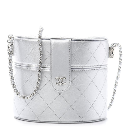 Chanel Metallic Lambskin Quilted Round Vanity Case With Chain Silver 1 of 12