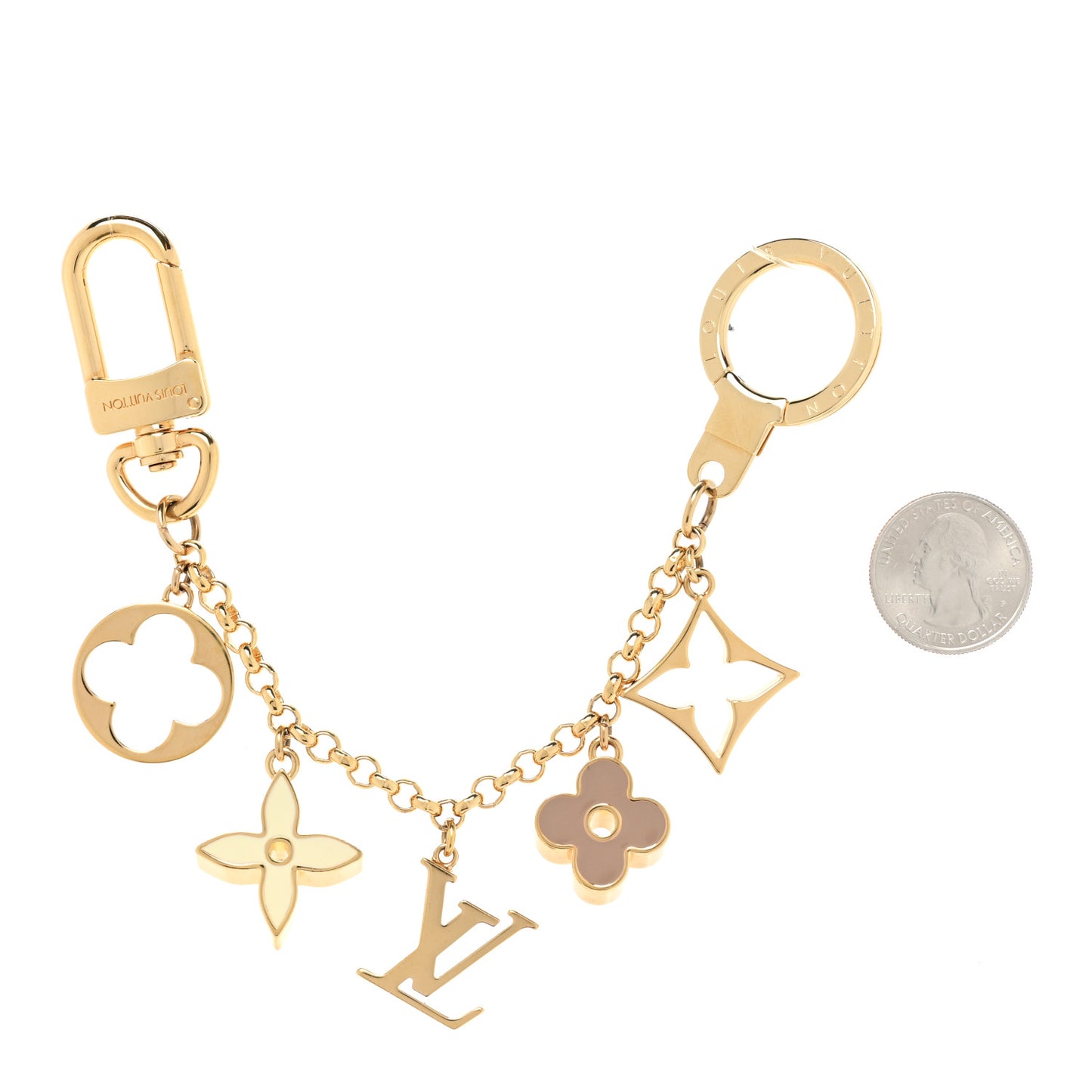 Brass Enamel Fleur De Monogram Bag Charm Chain Gold