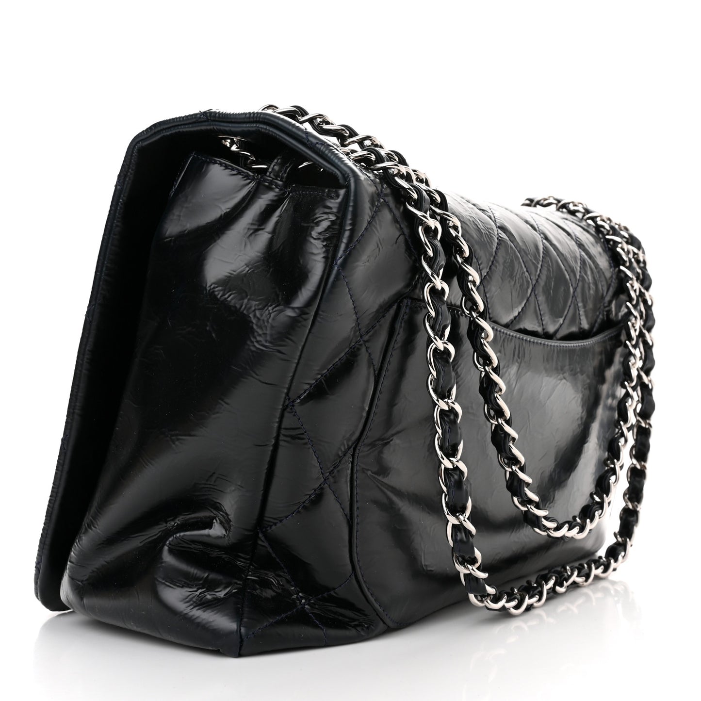 Glazed Calfskin Quilted CC XL Single Flap Navy