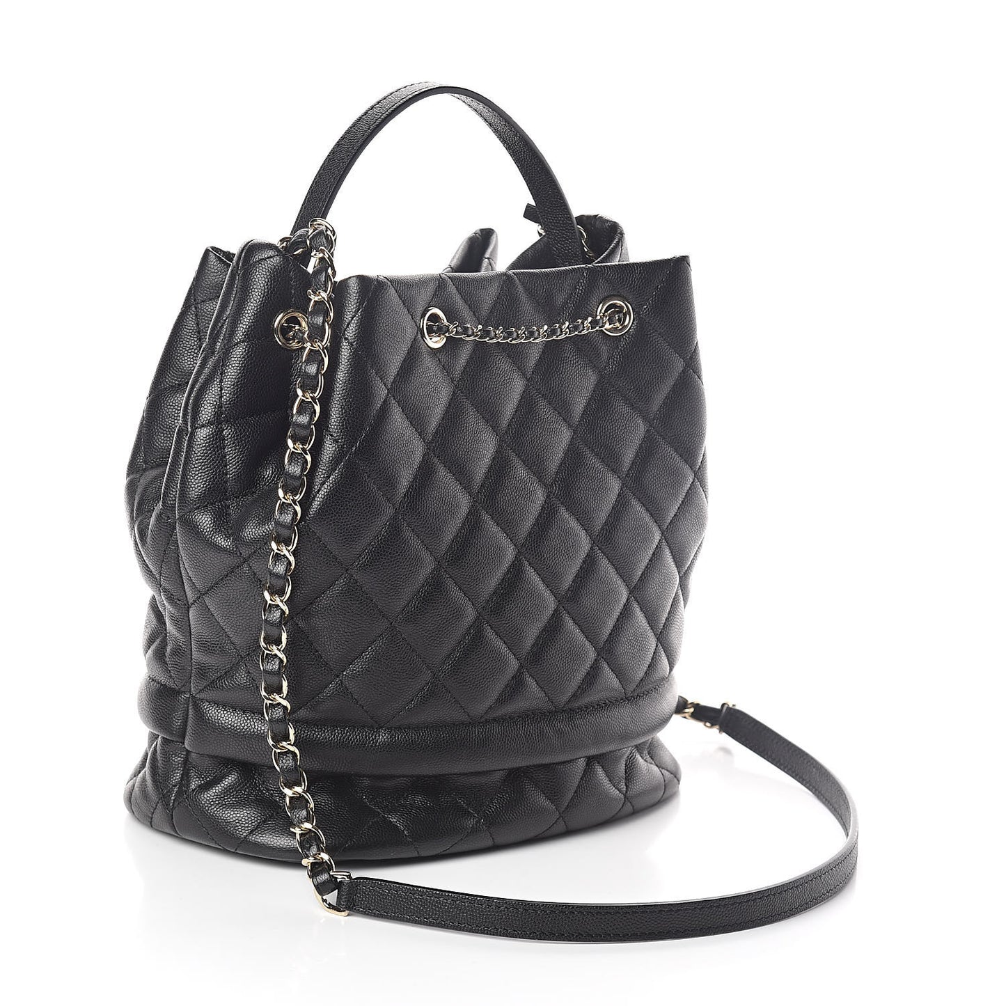 Caviar Quilted Large Rolled Up Bucket Drawstring Bag Black