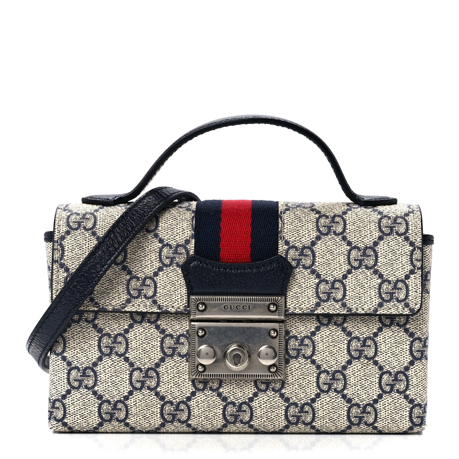 Gucci GG Supreme Monogram Textured Dollar Calfskin Web Mini Padlock Top Handle Shoulder Bag Beige Blue 1 of 12
