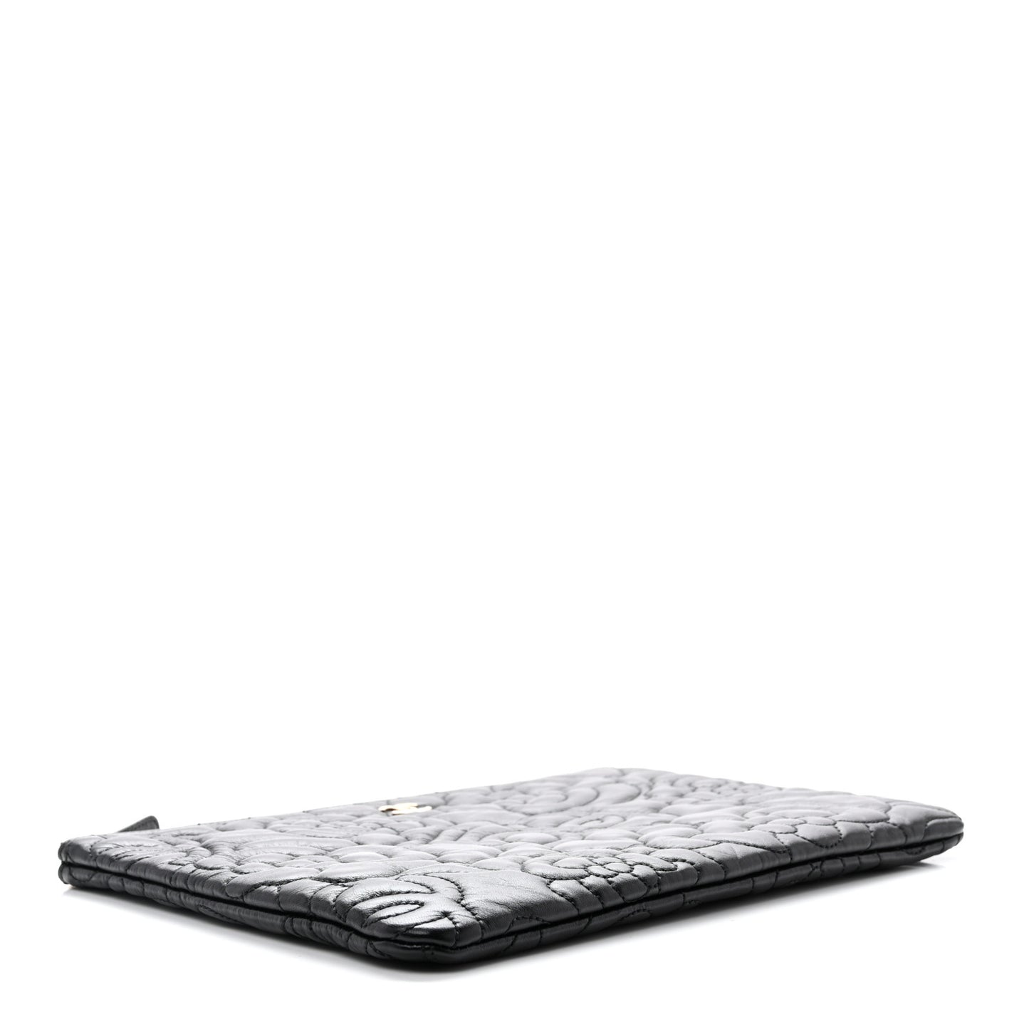 Calfskin Camellia Embossed Quilted Medium Cosmetic Case Black