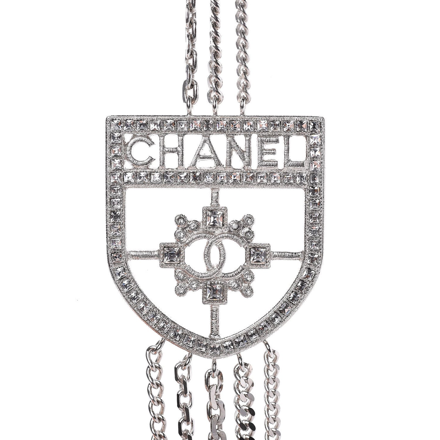 Baguette Crystal CC Shield Multi Strand Long Chain Necklace Silver