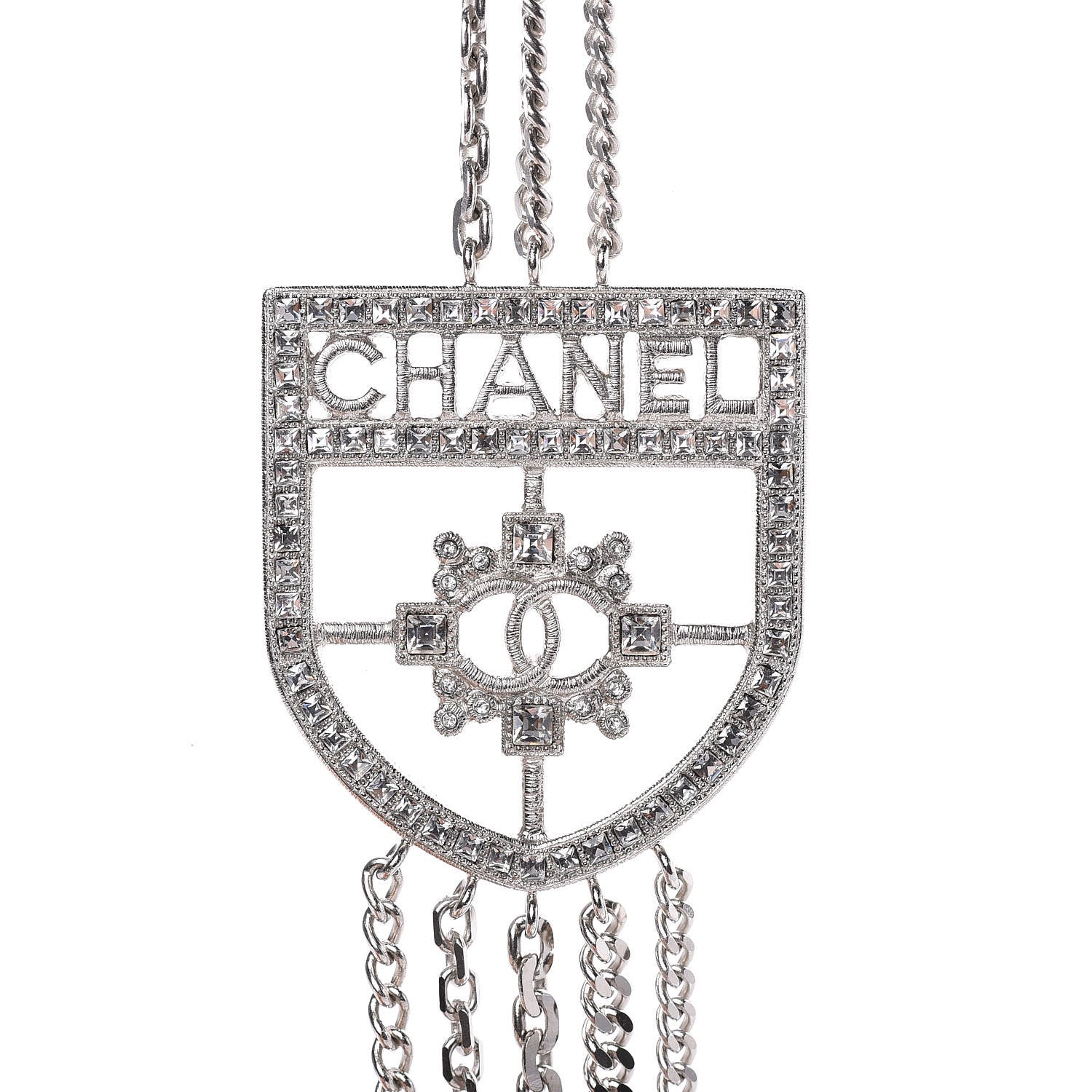 Chanel Baguette Crystal CC Shield Multi Strand Long Chain Necklace Silver 3 of 5