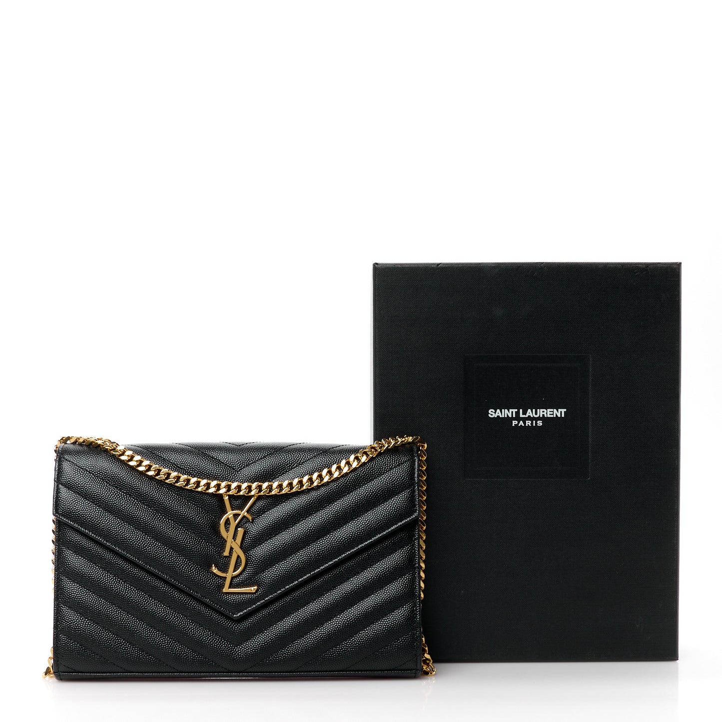 Grain De Poudre Matelasse Chevron Monogram Envelope Chain Wallet Black