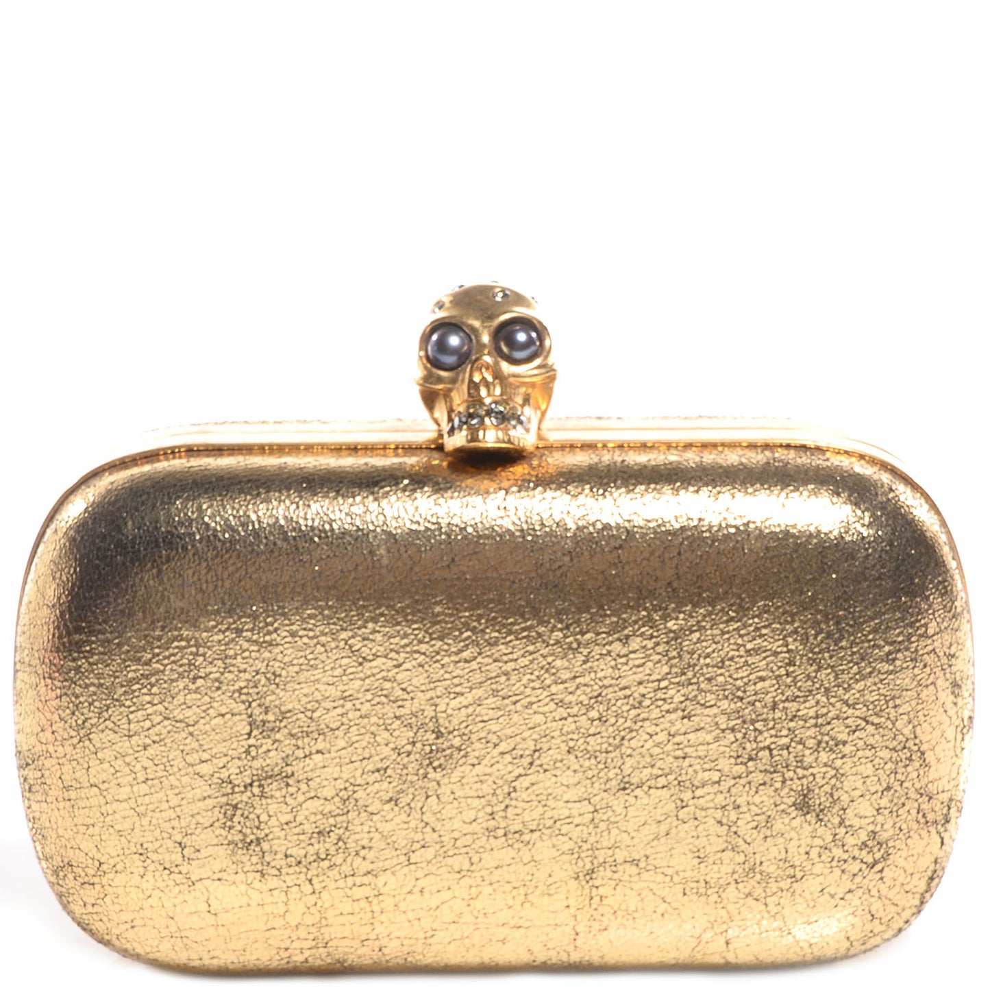 Metallic Crackled Leather Skull Box Clutch Gold