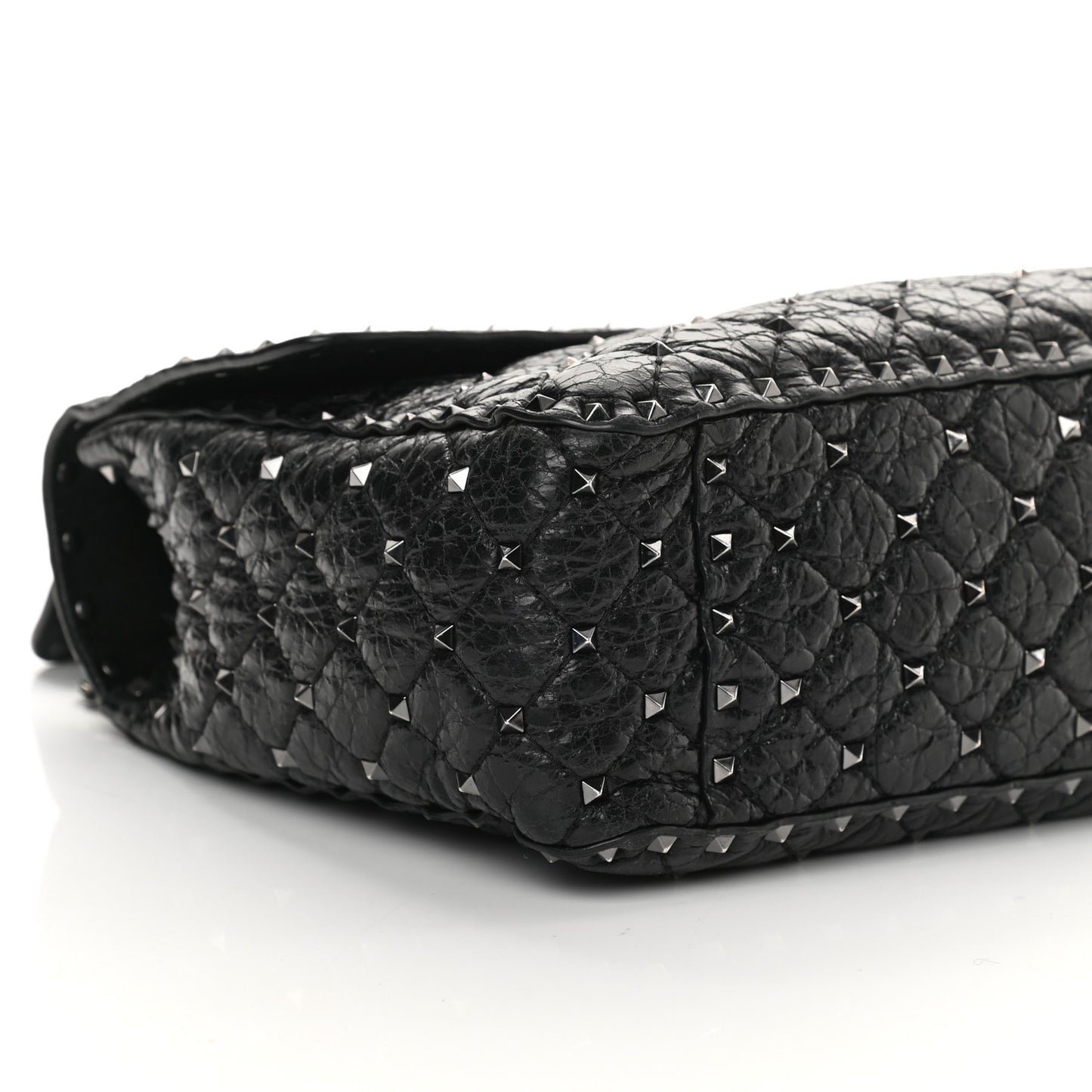 Craquele Nappa Large Rockstud Spike Shoulder Bag Black