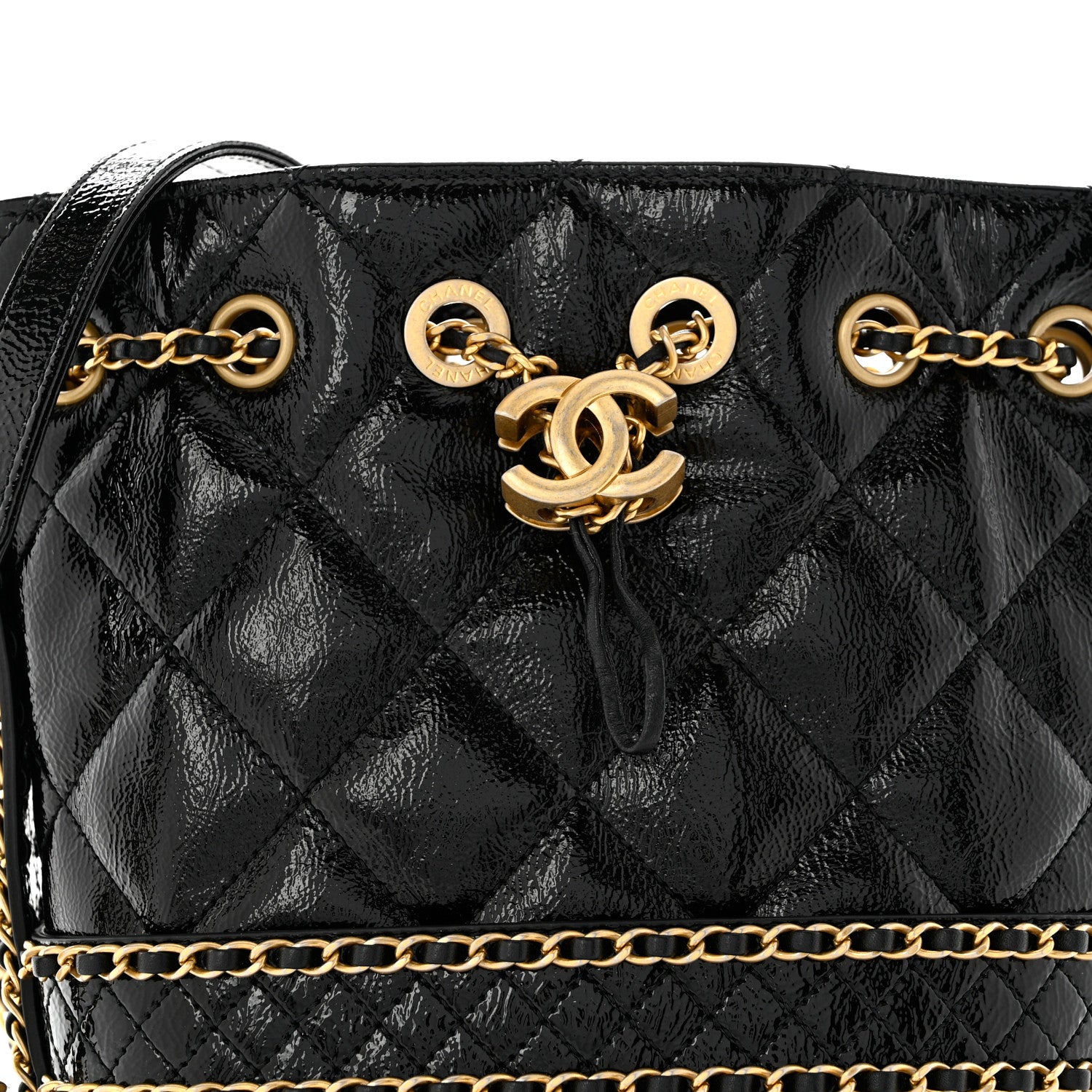 Chanel Shiny Aged Calfskin Quilted Chain Bucket Drawstring Bag Black 8 of 11