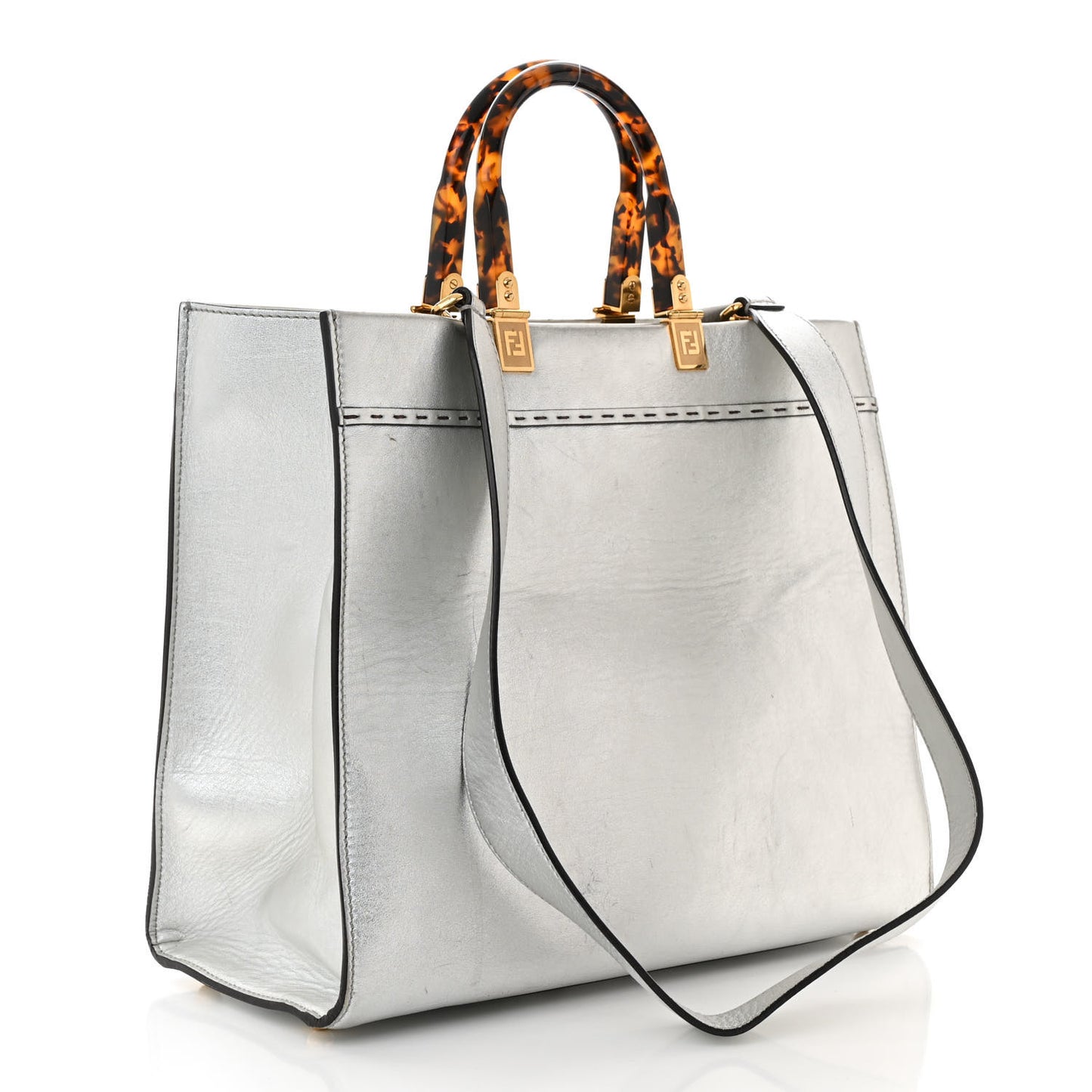 Vitello Catalan Mirror Plexiglass Logo Embossed Medium Fendi Sunshine Shopper Tote Argento