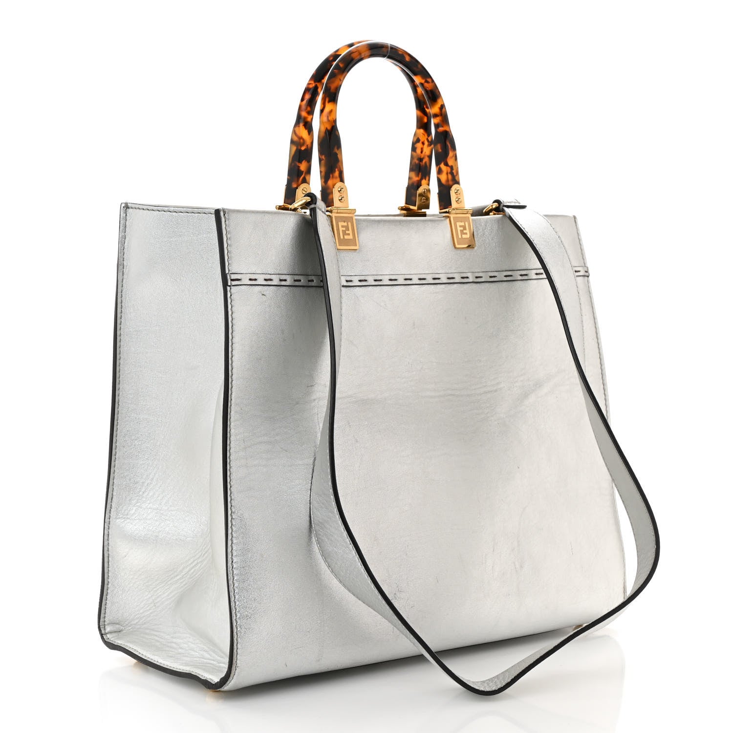 Fendi Vitello Catalan Mirror Plexiglass Logo Embossed Medium Fendi Sunshine Shopper Tote Argento 3 of 12