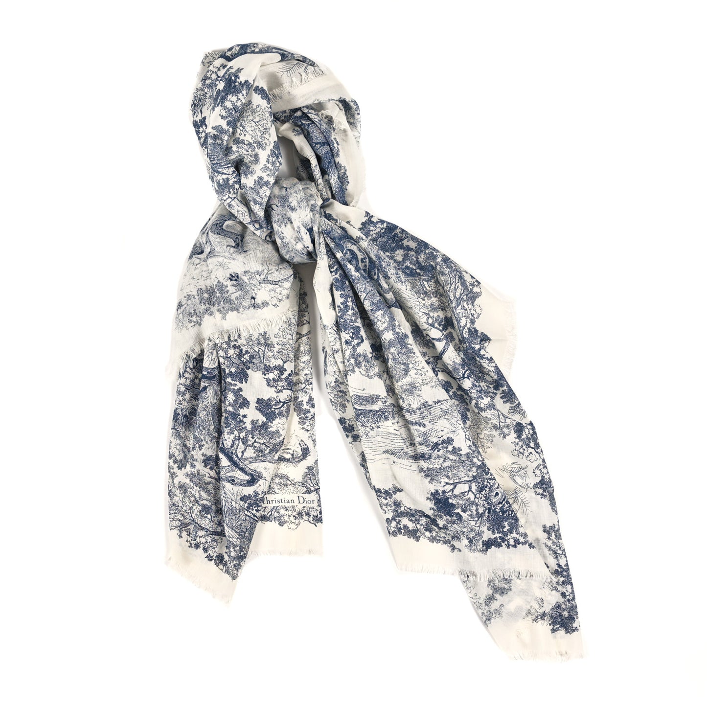 Wool Cashmere Silk Toile De Jouy Stole Blue
