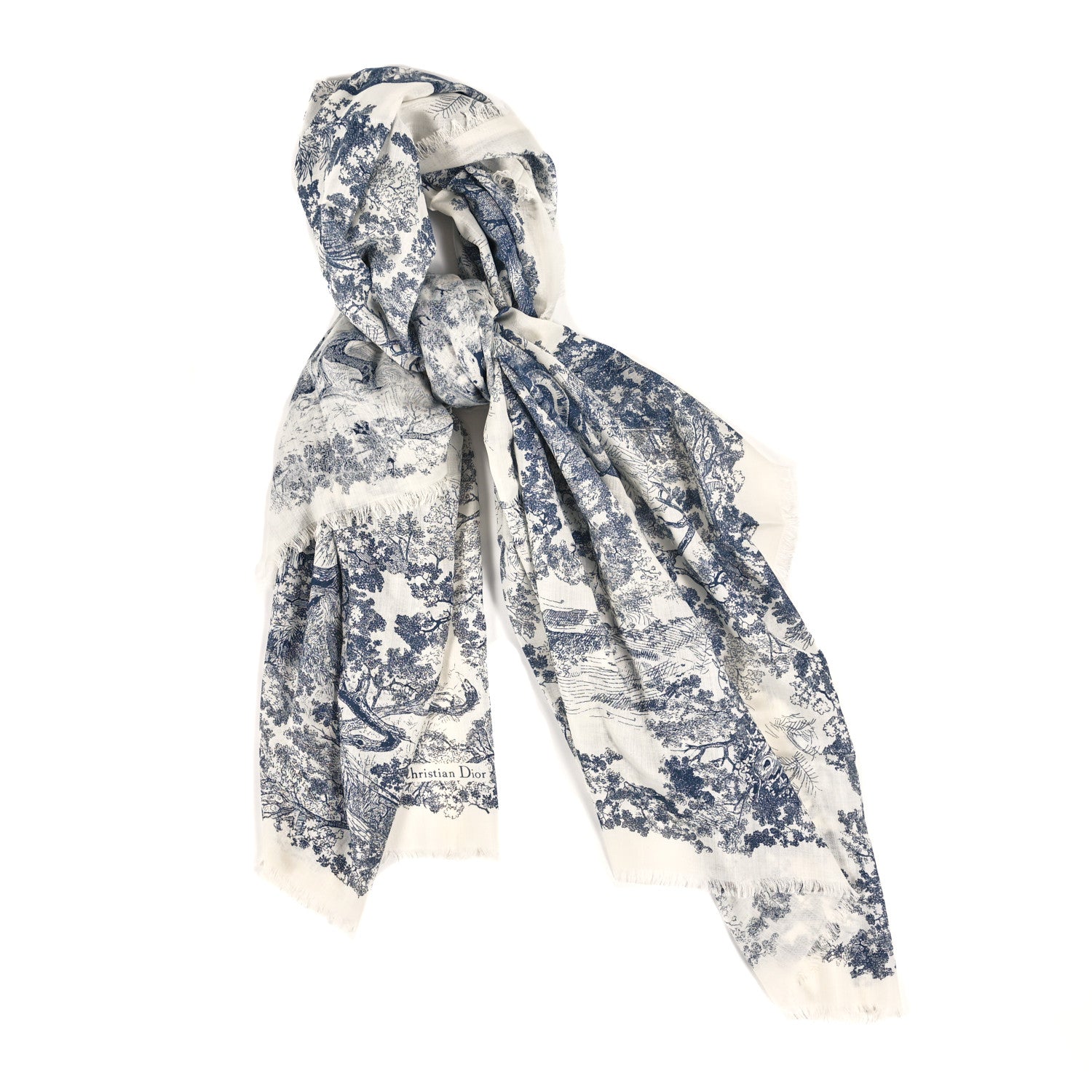 Christian Dior Wool Cashmere Silk Toile De Jouy Stole Blue 1 of 4