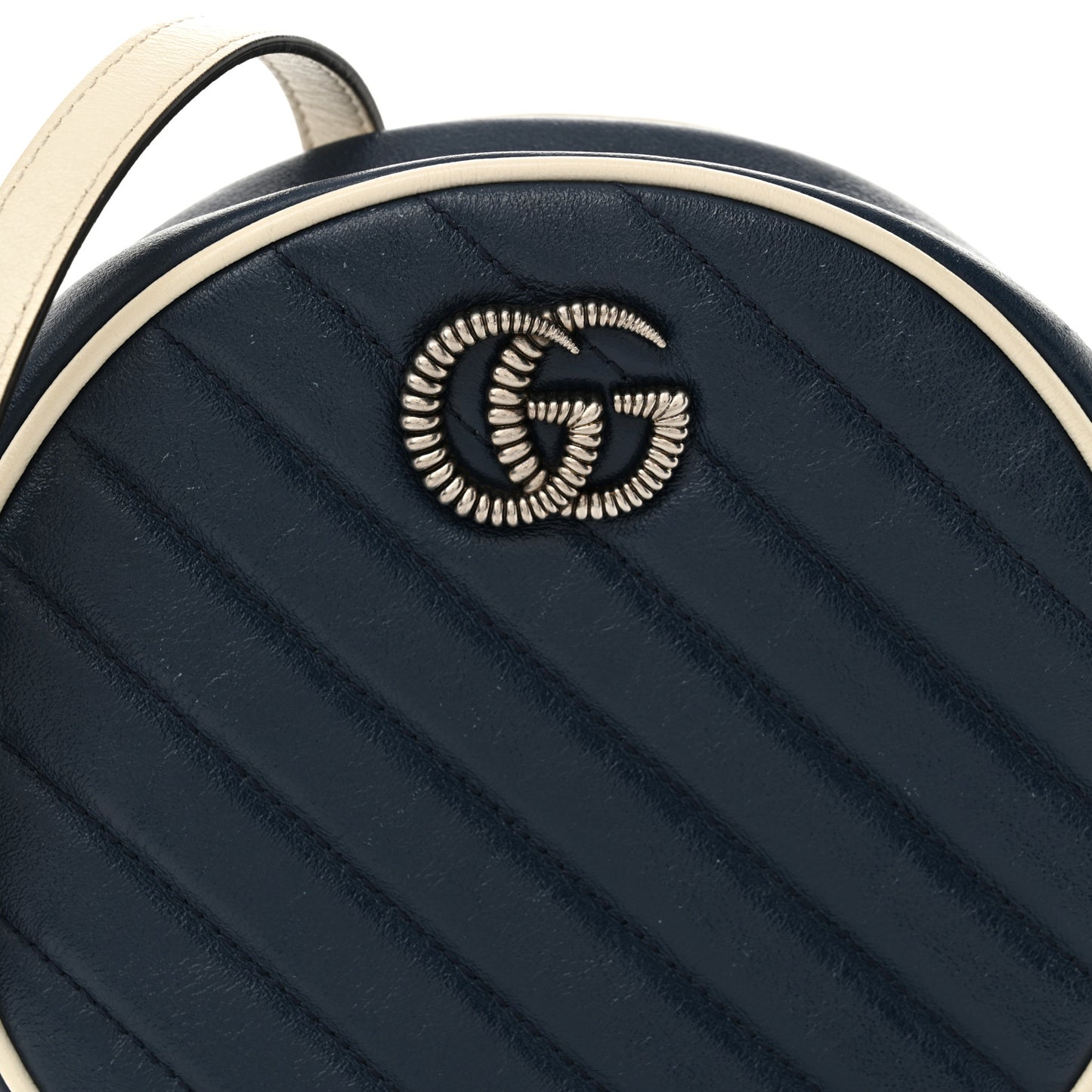 Azalea Calfskin Matelasse Diagonal Mini Torchon GG Marmont Round Shoulder Bag Blue Agata Mystic White