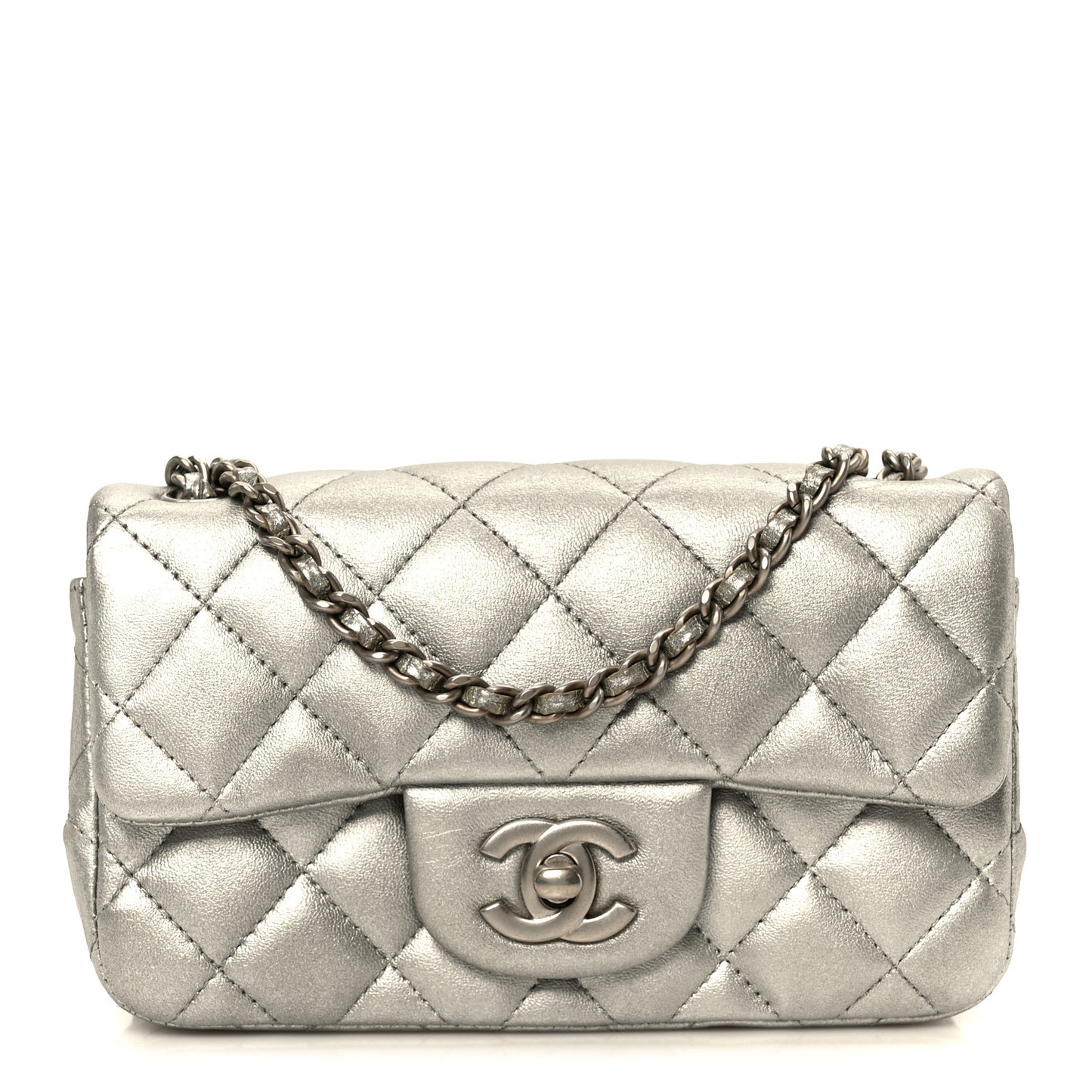 Metallic Lambskin Quilted Extra Mini Rectangular Flap Silver