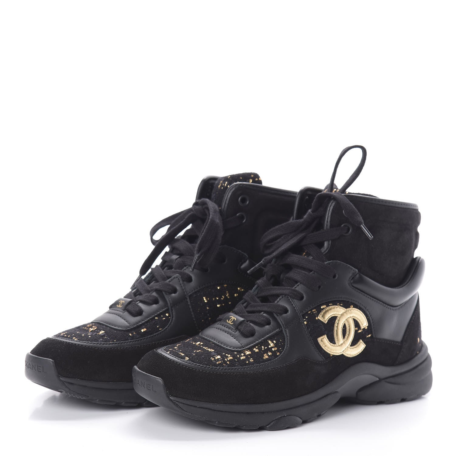 Chanel Velour Tweed CC High Top Sneakers 37.5 Black Gold 3 of 6