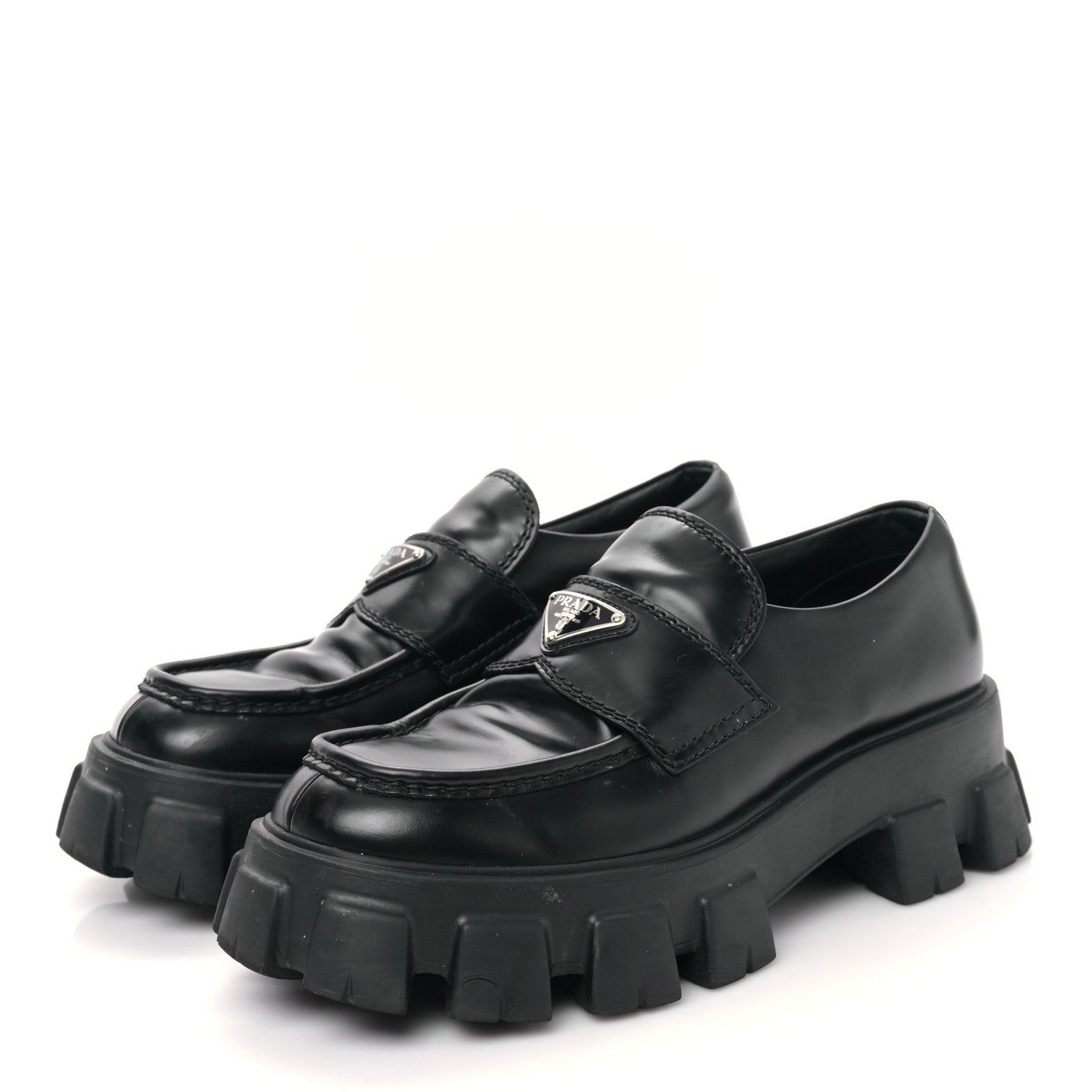 Prada Spazzolato Rois Metal Triangle Logo Mens Monolith 60mm Loafers 7 Black 3 of 8