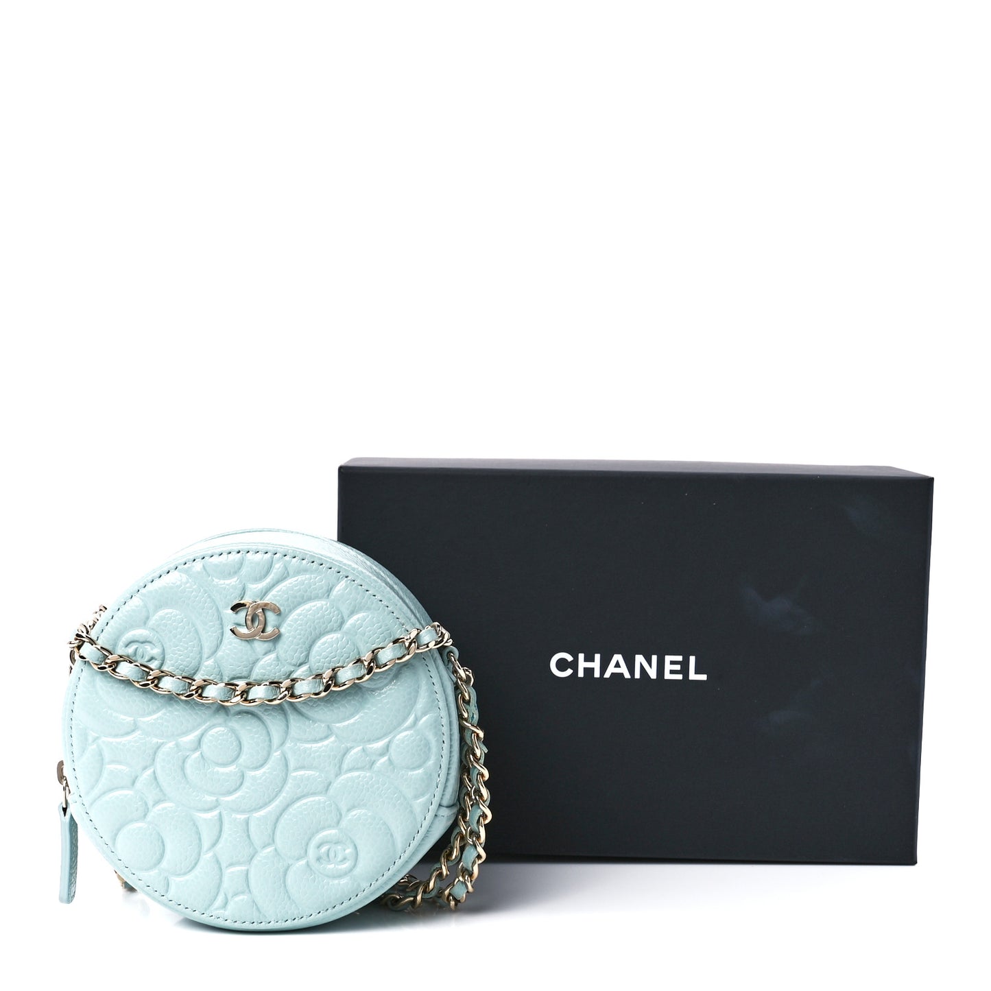 Caviar Camellia Embossed Round Clutch With Chain Light Blue