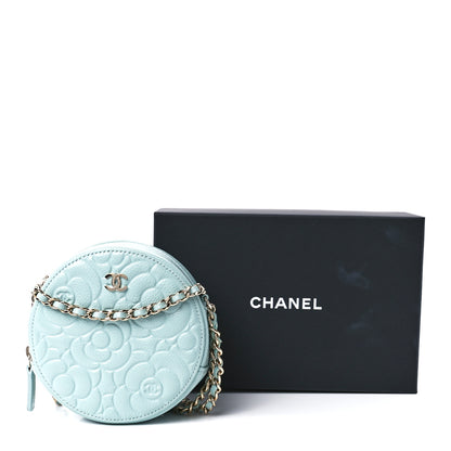 Chanel Caviar Camellia Embossed Round Clutch With Chain Light Blue 12 of 12