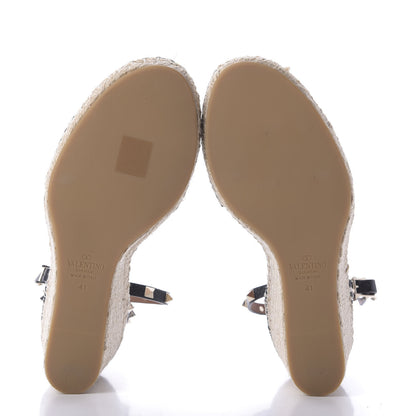 Valentino Garavani Grained Calfskin Rockstud Ankle Strap Espadrille 15/105mm Wedge Sandals 41 Black Light Cuir Natural 5 of 8