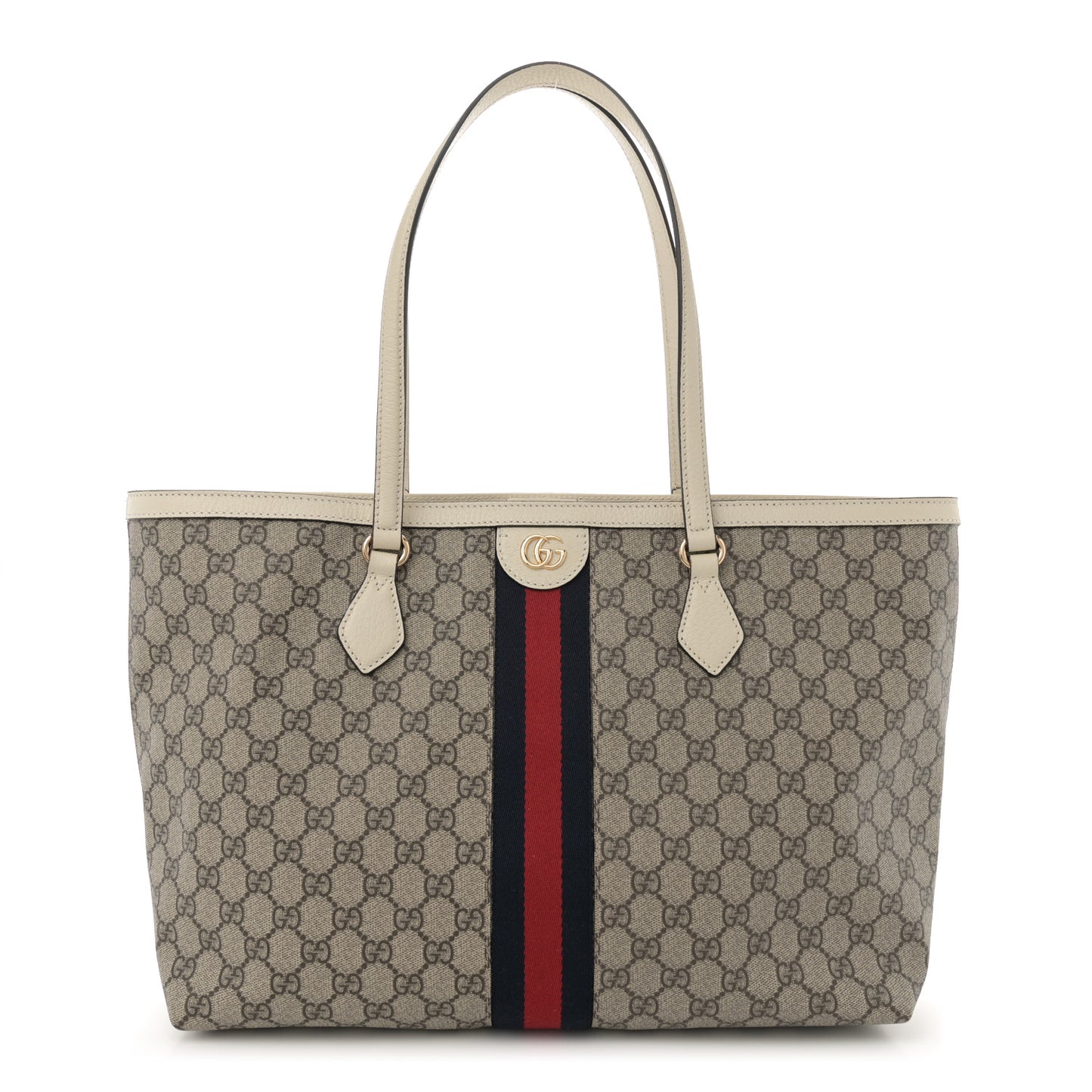 GG Supreme Monogram Textured Dollar Calfskin Web Medium Ophidia Shopping Tote Beige Ebony Mystic White