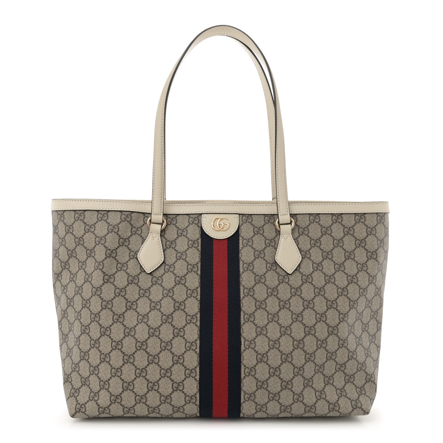 Gucci GG Supreme Monogram Textured Dollar Calfskin Web Medium Ophidia Shopping Tote Beige Ebony Mystic White 1 of 11