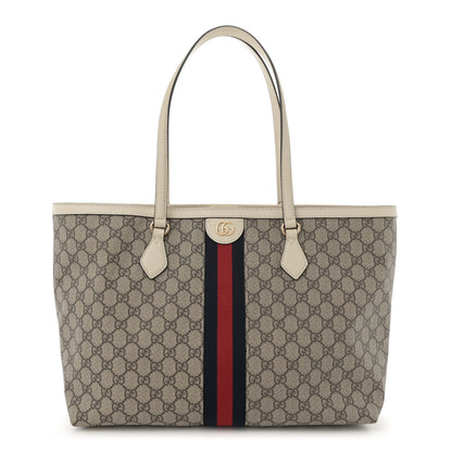 Gucci GG Supreme Monogram Textured Dollar Calfskin Web Medium Ophidia Shopping Tote Beige Ebony Mystic White 1 of 11