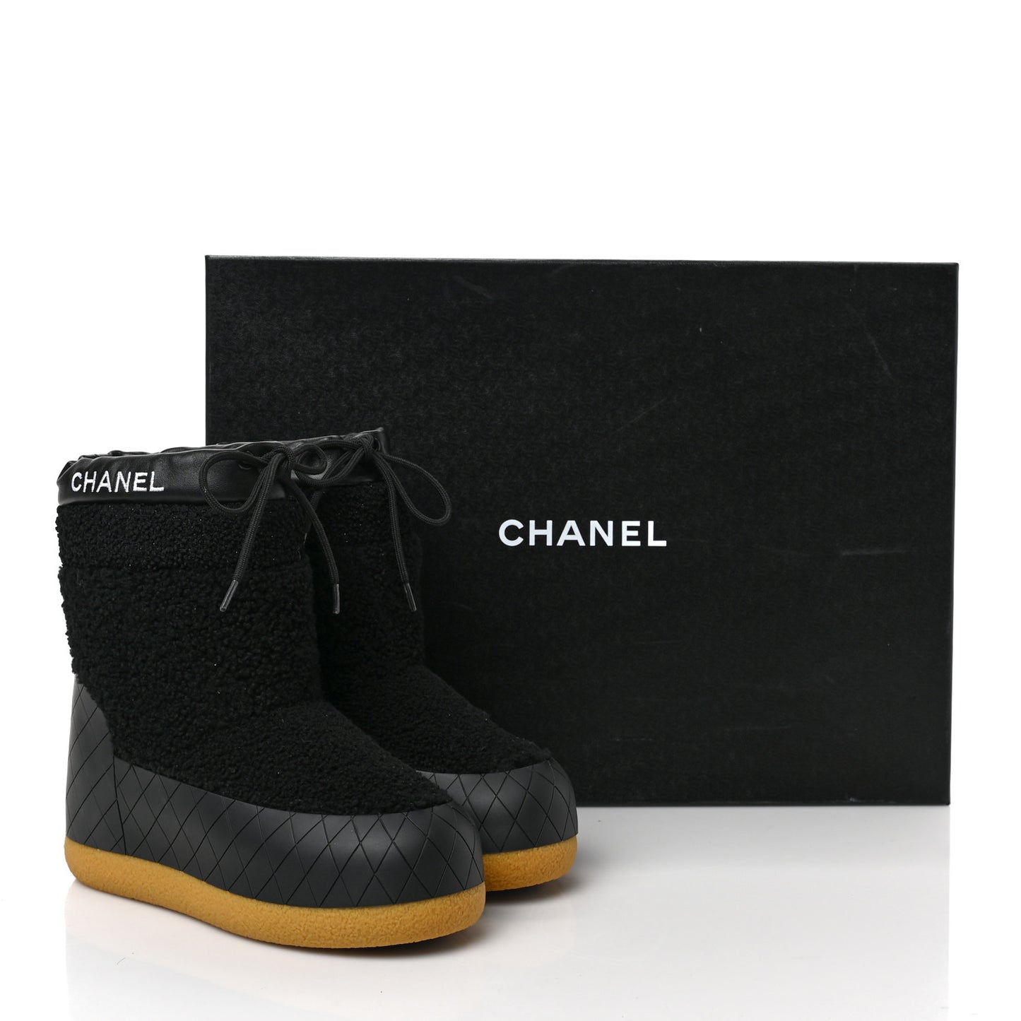 Tweed Shearling Sheepskin Drawstring Snow Ankle Boots 35 Black