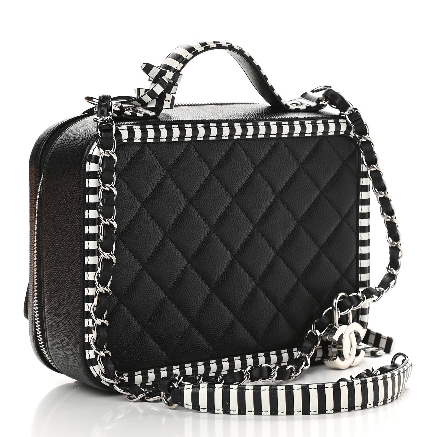 Caviar Quilted Striped Medium CC Filigree Vanity Case Black White