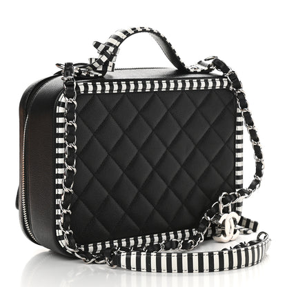Chanel Caviar Quilted Striped Medium CC Filigree Vanity Case Black White 3 of 9