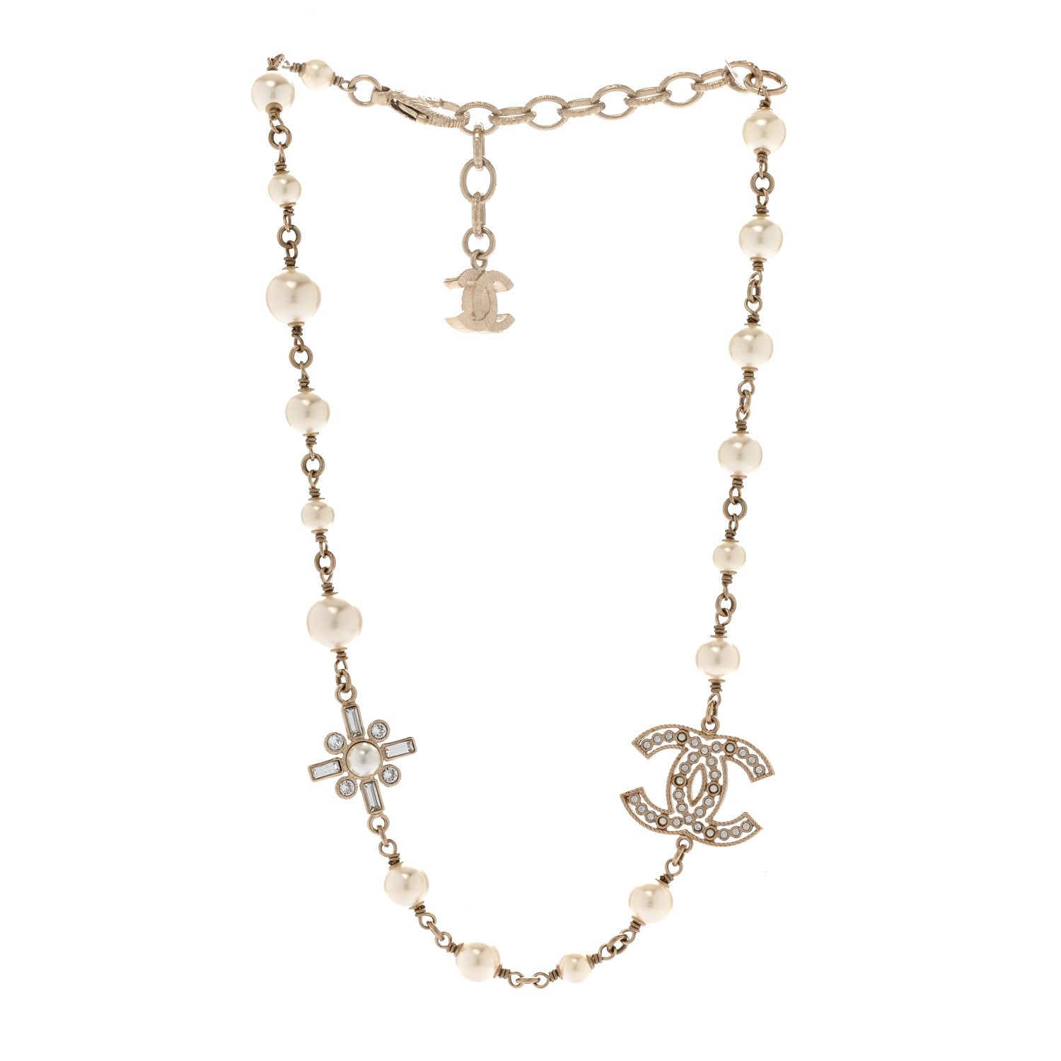 Chanel Crystal Baguette Pearl CC Cross Short Necklace Gold 3 of 6