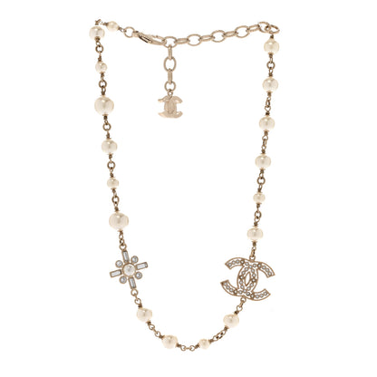 Chanel Crystal Baguette Pearl CC Cross Short Necklace Gold 3 of 6