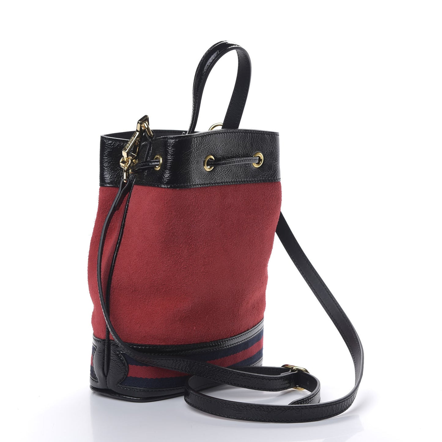 Suede Patent Web Small Ophidia Bucket Bag Hibiscus Red Black