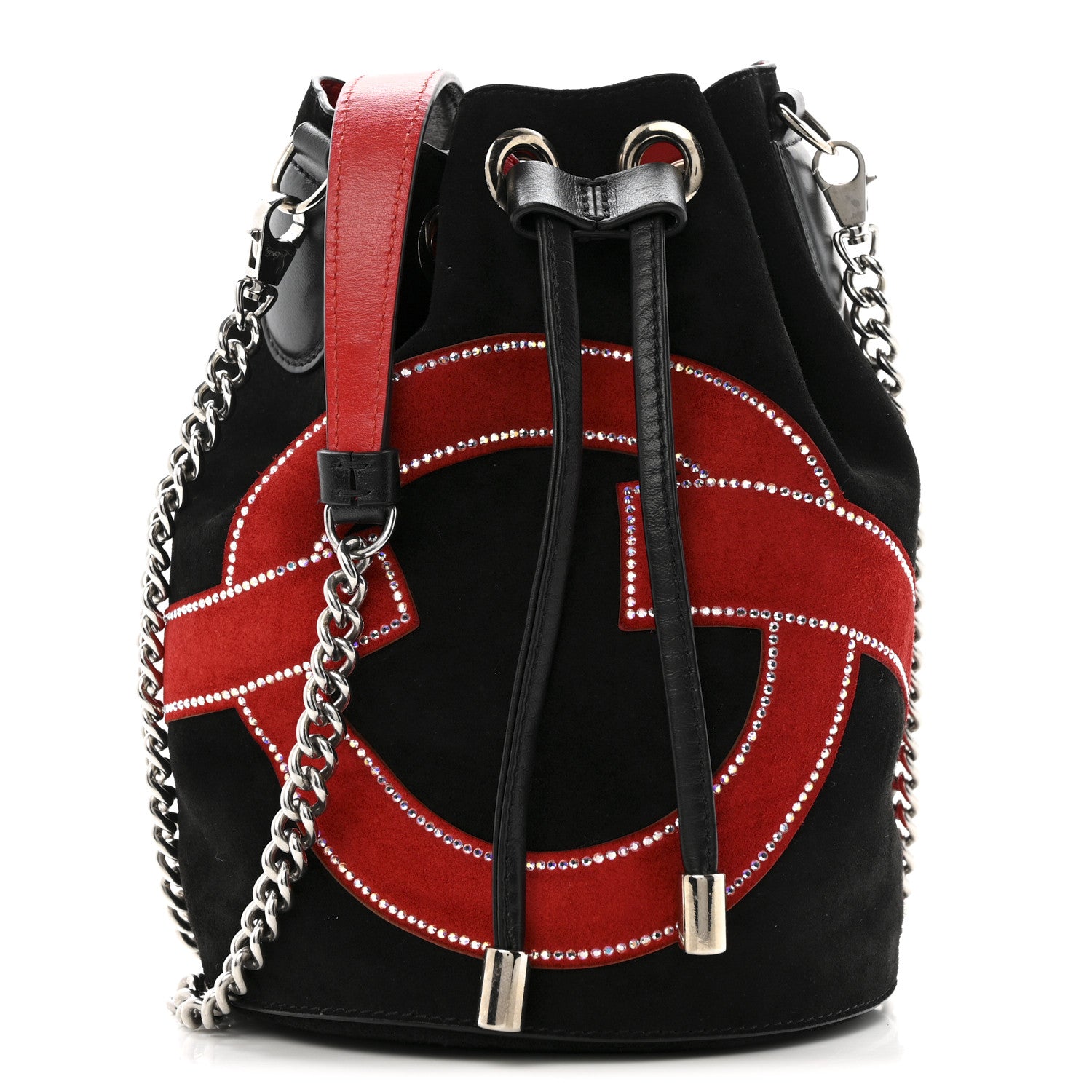 Christian Louboutin Suede Strass Love Marie Jane Bucket Black Red 1 of 12