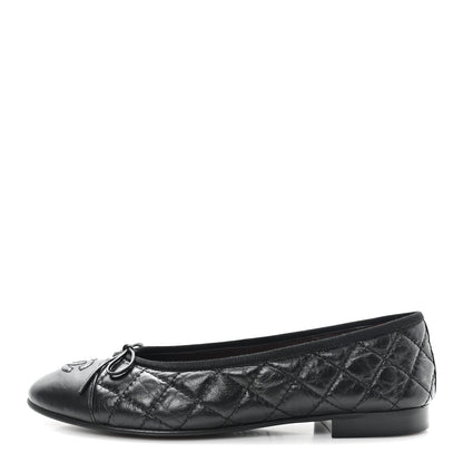 Chanel Aged Calfskin Quilted CC Cap Toe Ballerina Flats 37.5 Black 1 of 10