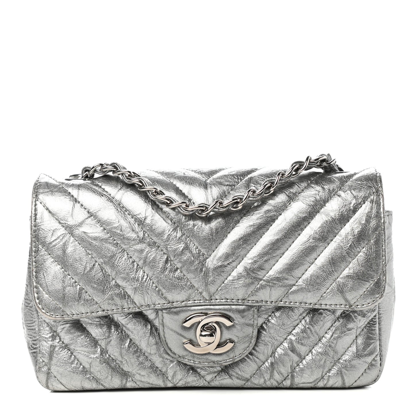 Patent Metallic Crumpled Calfskin Chevron Quilted Mini Rectangular Flap Silver