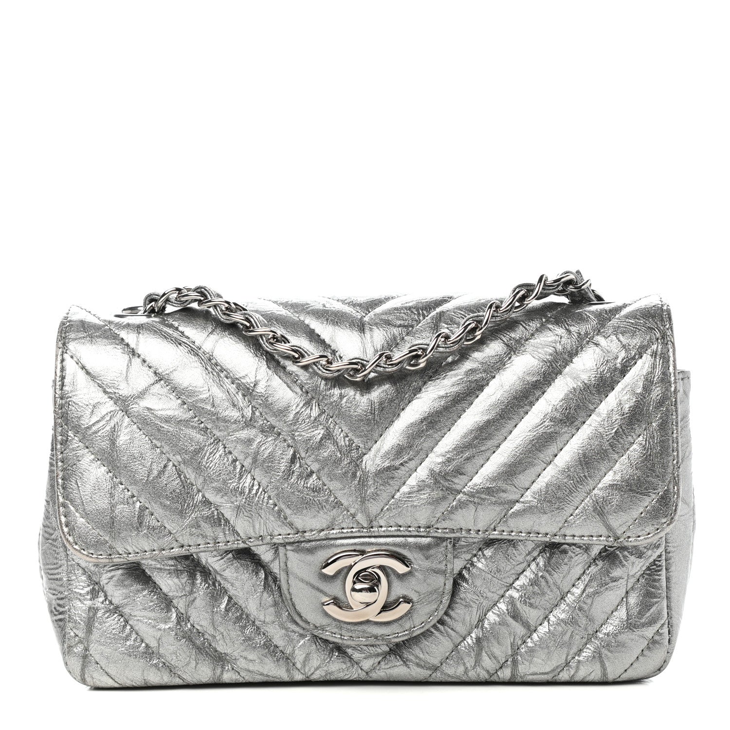 Chanel Patent Metallic Crumpled Calfskin Chevron Quilted Mini Rectangular Flap Silver 1 of 11